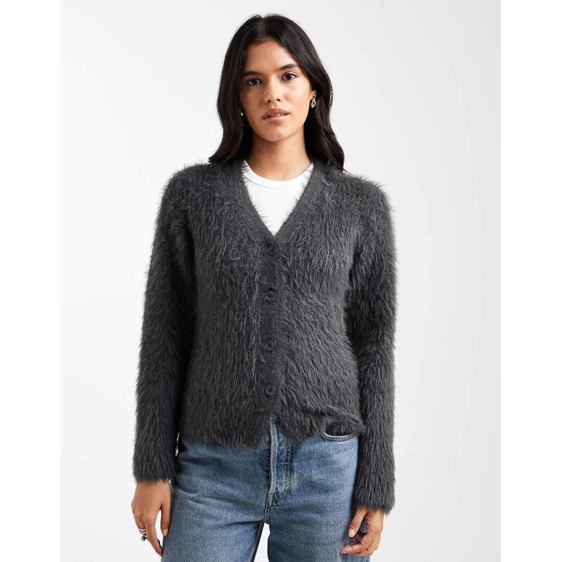 ASOS DESIGN knitted v neck cardigan in eyelash yarn in charcoal-Grey 108323000