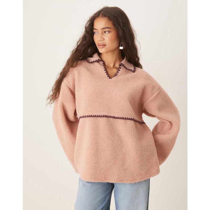 ASOS DESIGN borg fleece pullover sweat with blanket stitch detail in burgundy and pink-Red