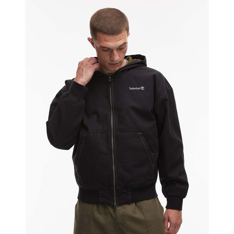 Timberland washed heavy canvas hooded bomber jacket in black