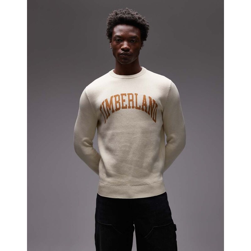 Timberland collegiate chest logo crew knit in off white
