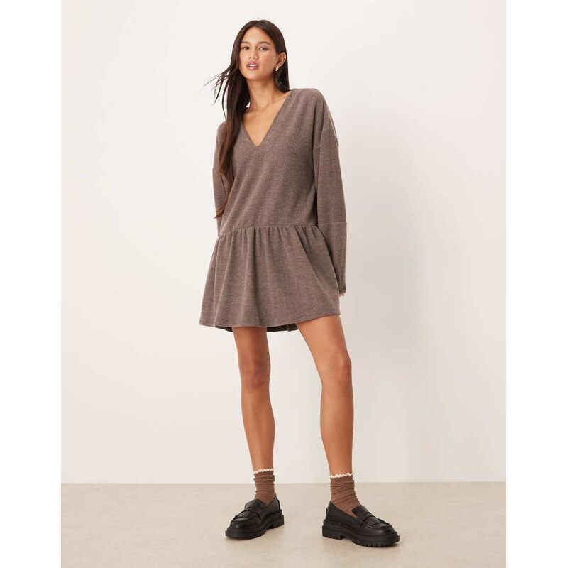 ASOS DESIGN supersoft V front dropped waist mini dress in chocolate-Brown