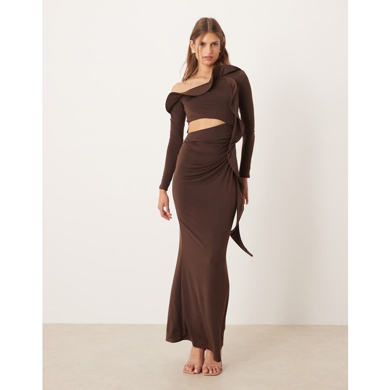 ASOS DESIGN long sleeve structured ruffle midi dress with cut out detail in chocolate-Brown