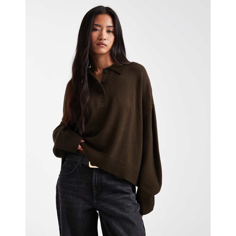 ASOS DESIGN knitted polo in chocolate-Brown 108409120