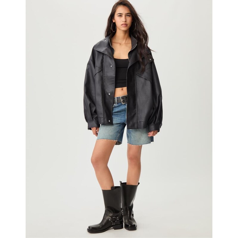 Stradivarius Oversize faux leather jacket in black