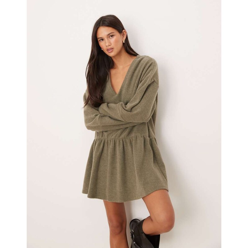 ASOS DESIGN supersoft V front dropped waist mini dress in khaki-Green