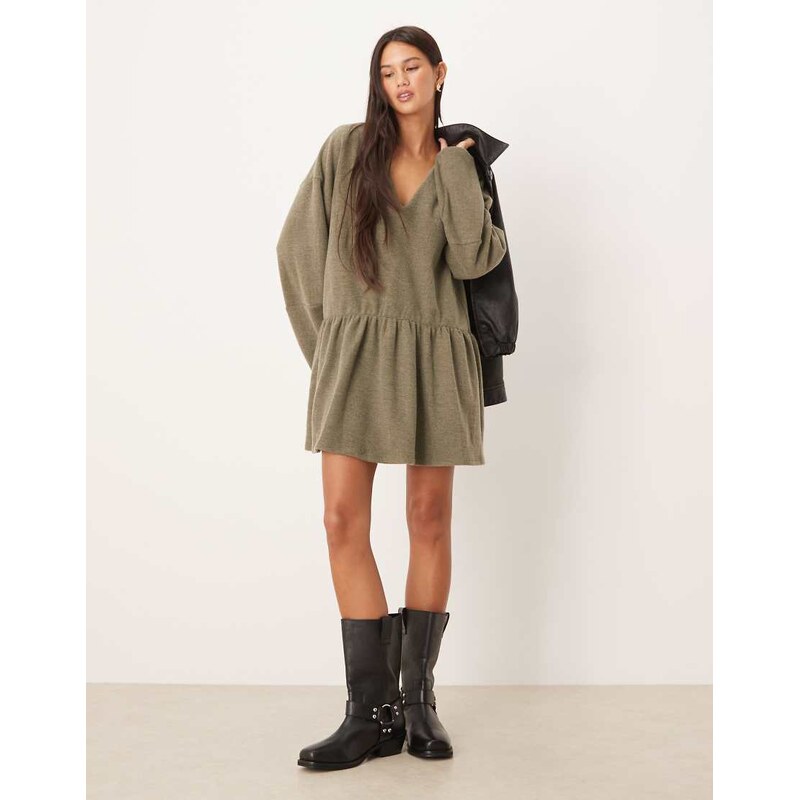 ASOS DESIGN supersoft V front dropped waist mini dress in khaki-Green