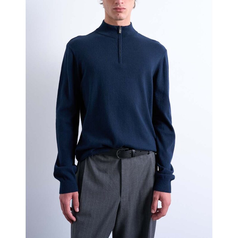 Topman essential knitted 1/4 zip funnel in navy
