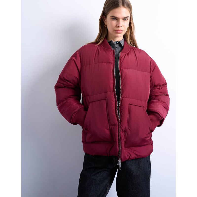 Topshop clean rib collar puffer jacket in burgundy-Red