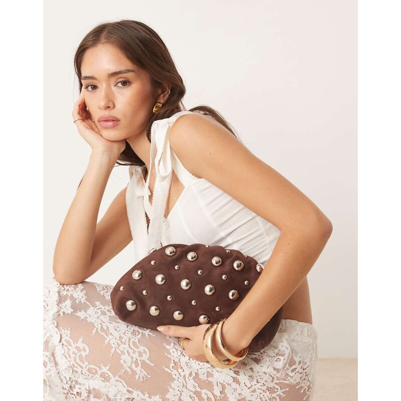 ASOS DESIGN faux suede studded grab clutch bag in chocolate-Red 108348577