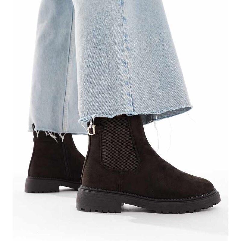 New Look Wide Fit faux suede chunky chelsea boot in brown 109383910