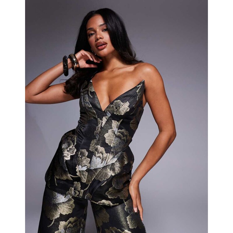 ASOS LUXE co-ord sculpted jacquard top in black and gold floral-Multi 108736006