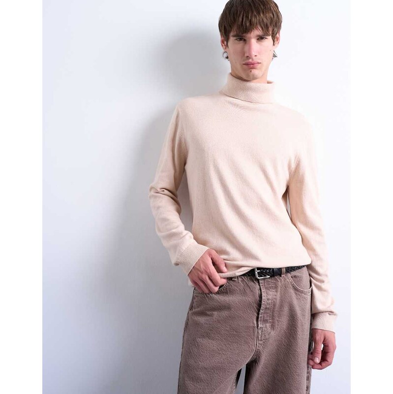 Topman essential knitted roll neck in stone-Neutral