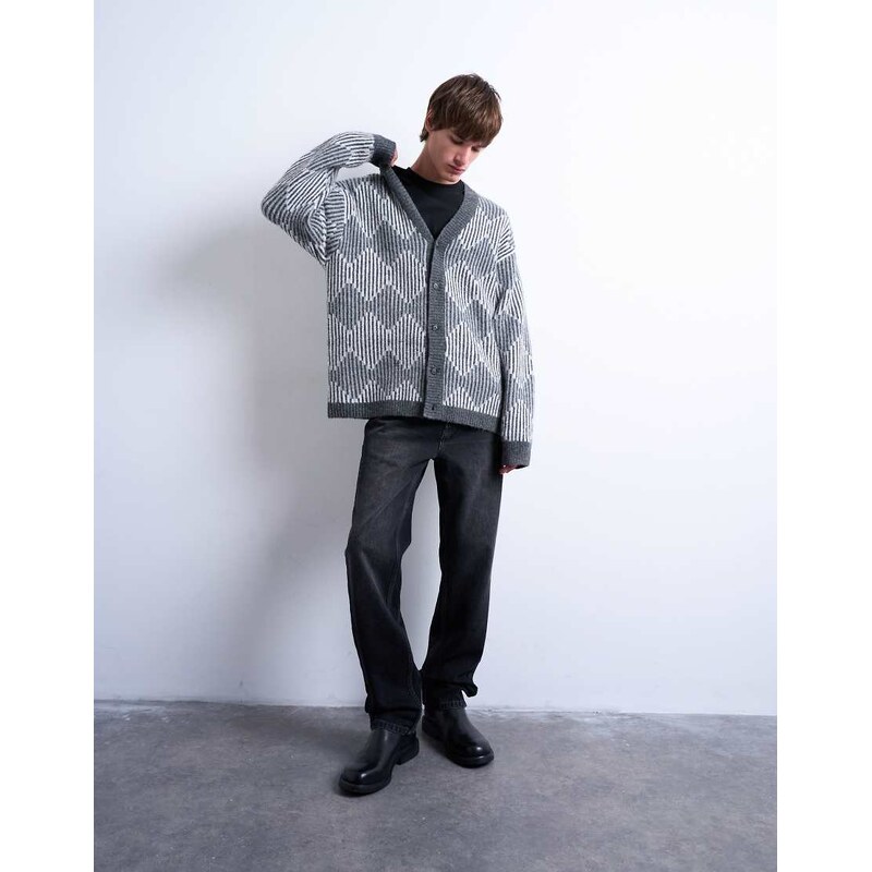 Topman knitted diamond cardigan in grey