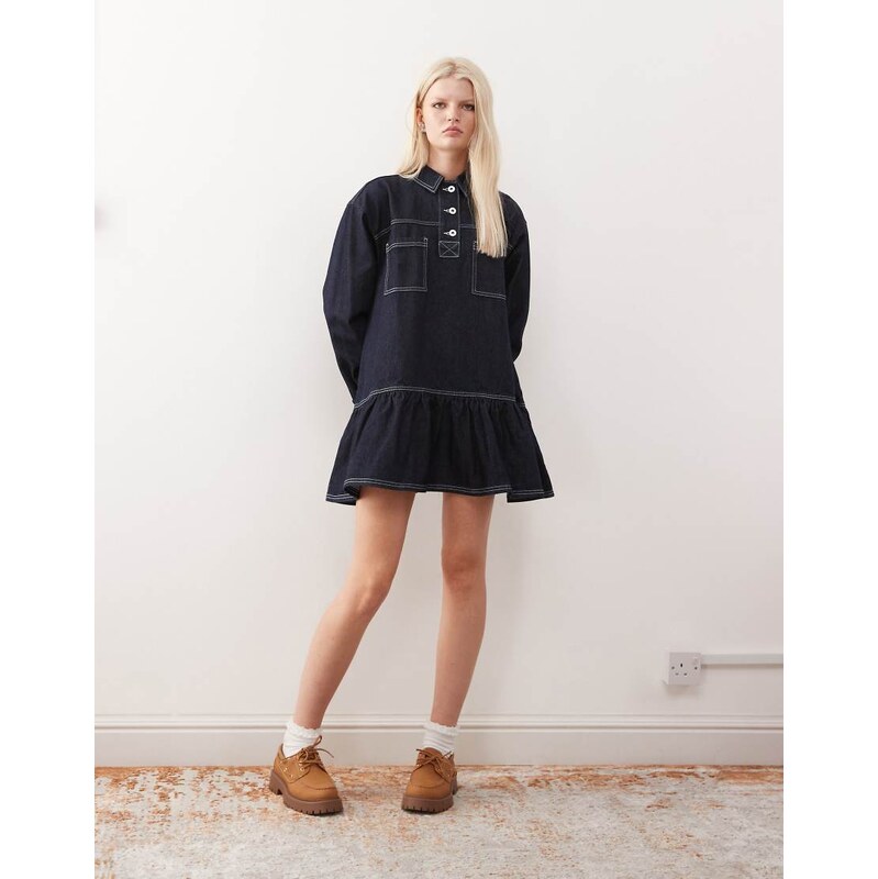 COLLUSION denim long sleeve smock mini dress in rinse-Green