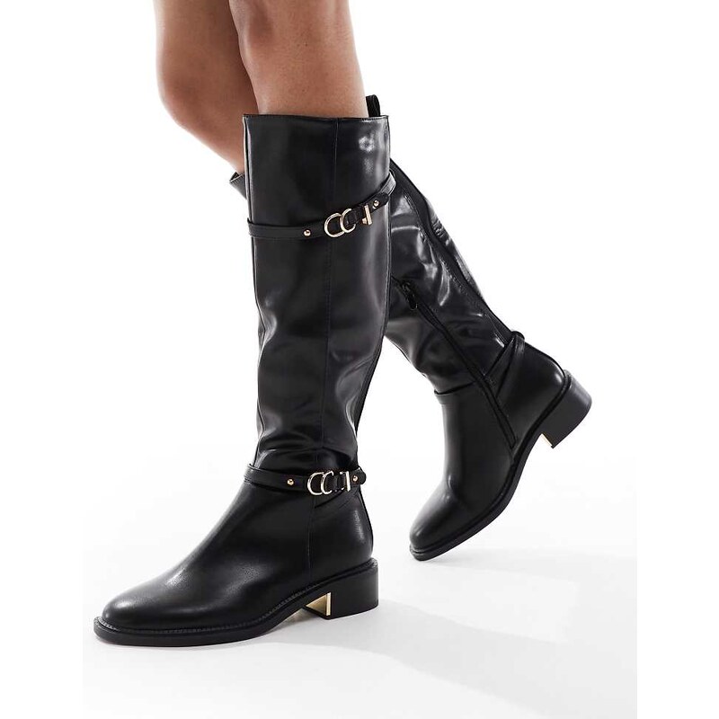 SEQWL Wide Fit Latte buckle detail refined riding boots in black 113262129