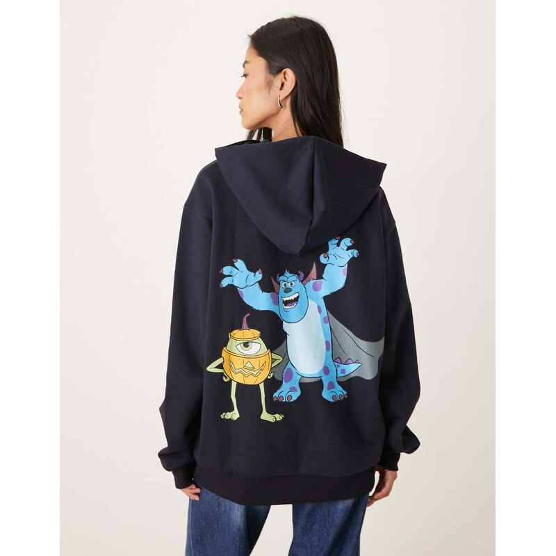 ASOS DESIGN Disney Pixar Halloween relaxed hoodie with Monsters Inc. prints in navy