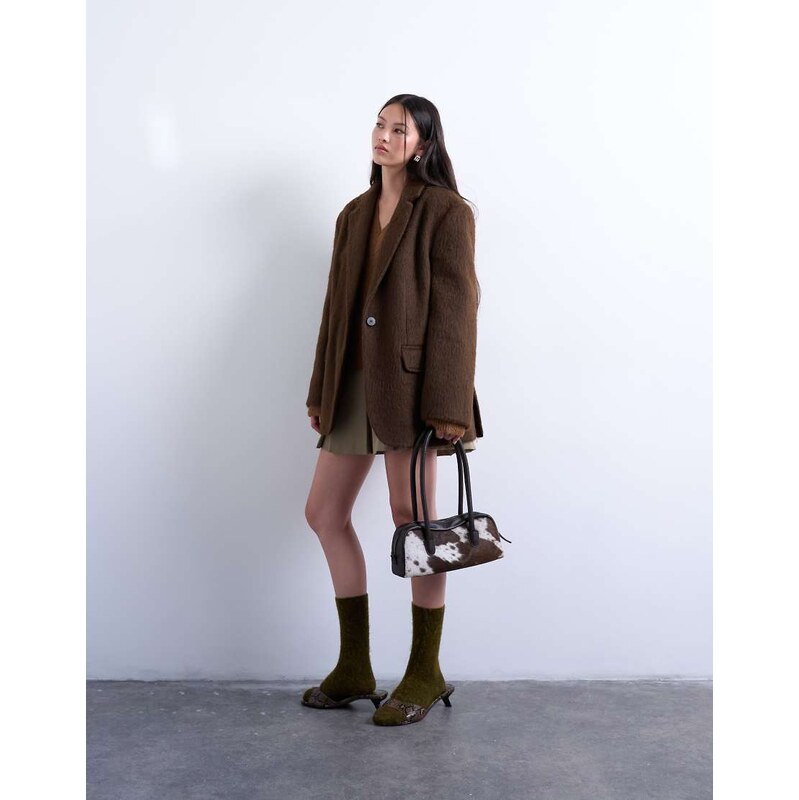 Topshop long brushed one button blazer coat with wool in chocolate 112184985