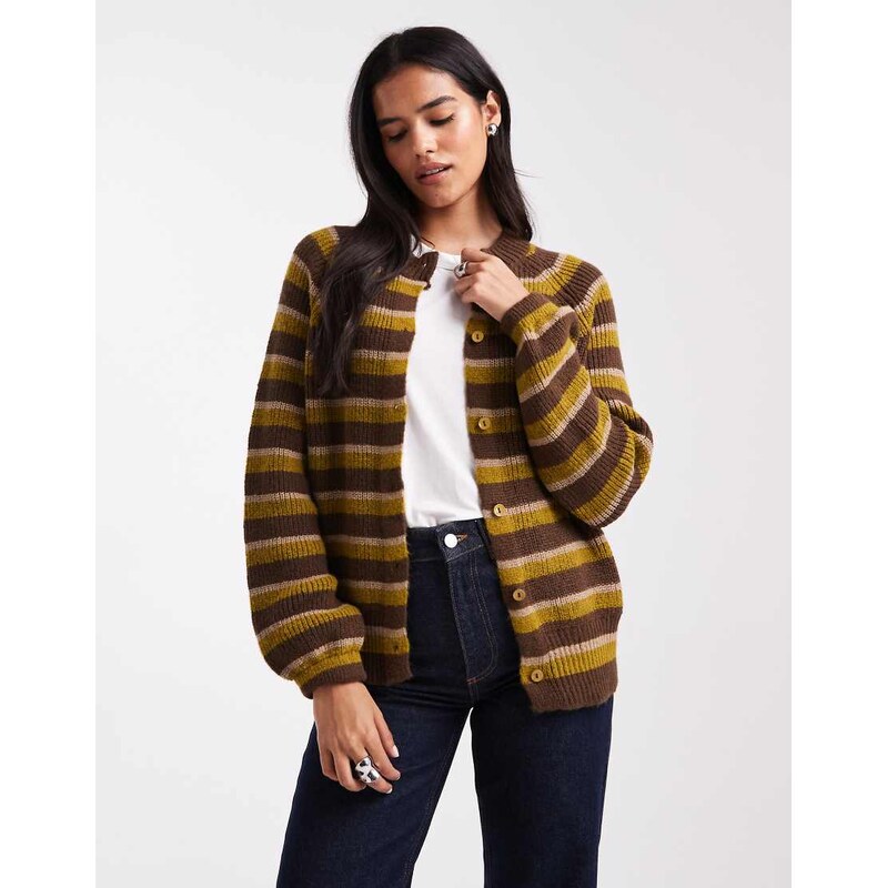 ASOS DESIGN knitted raglan cardigan in green stripe-Multi 108335089