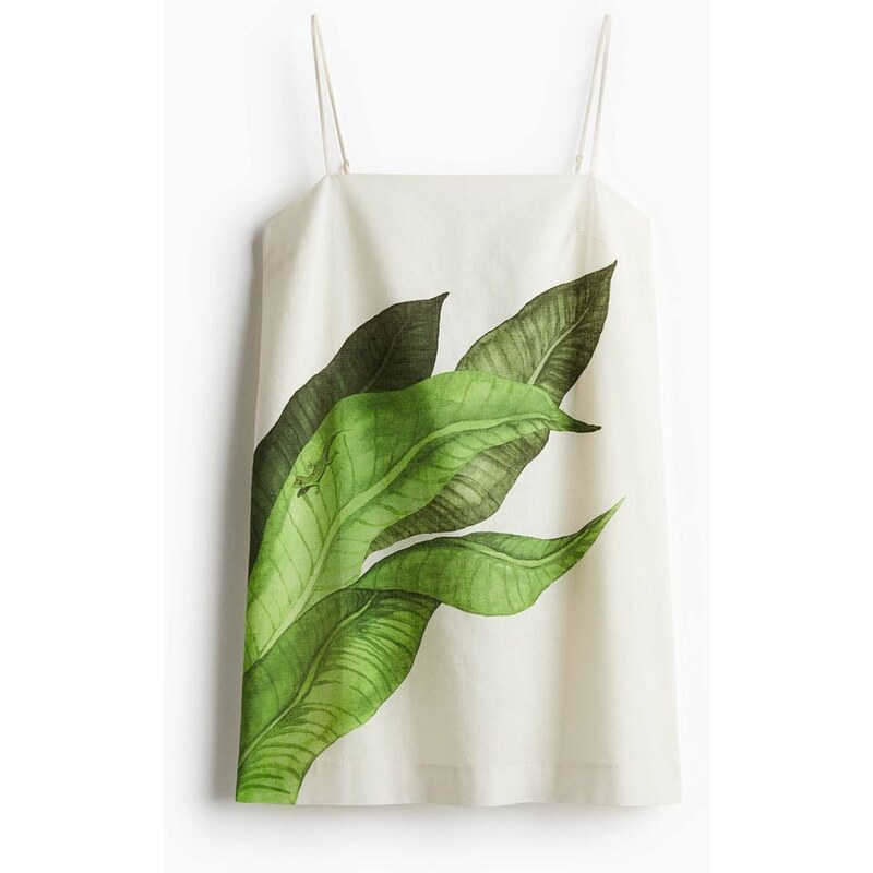 H&M - Šaty na ramínka z lněné směsi - Bílá/Listy