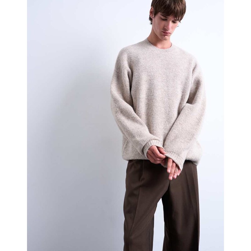 Topman oversized fit crew jumper in stone-Neutral