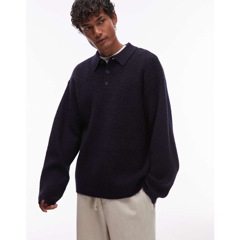 Topman oversized fit knitted polo in navy