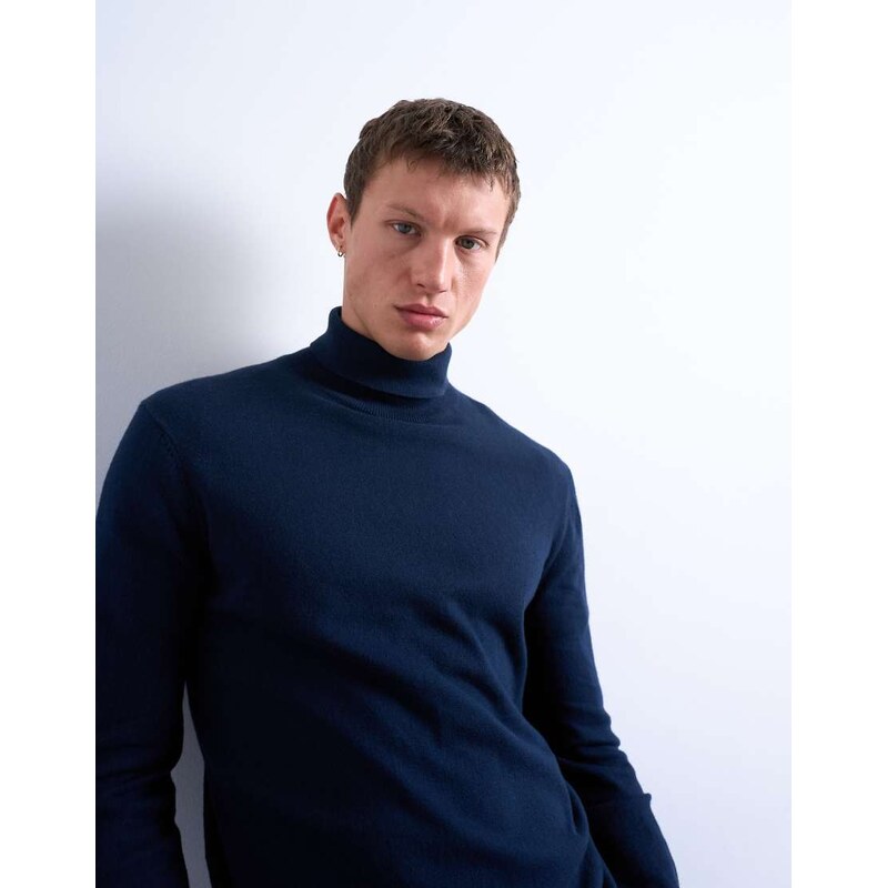 Topman essential knitted roll neck in navy