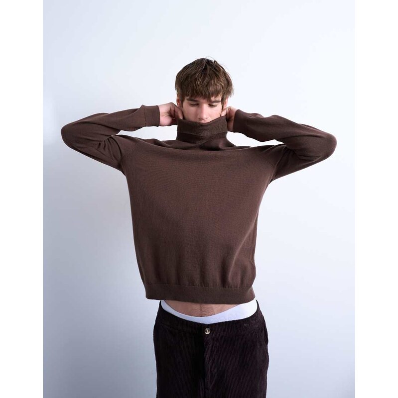 Topman essential knitted roll neck in brown