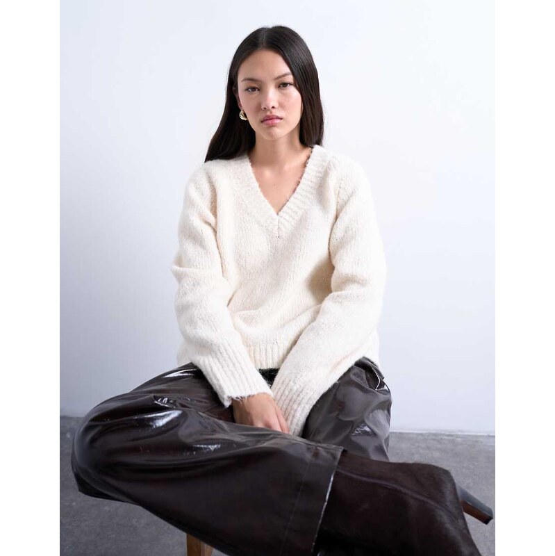 Topshop knitted wool blend fluffy v neck jumper in white 108348492