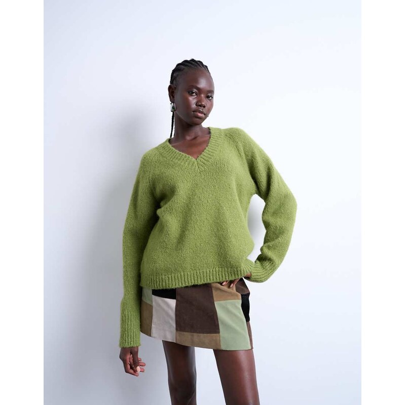 Topshop knitted wool blend fluffy v neck jumper in green 108348874