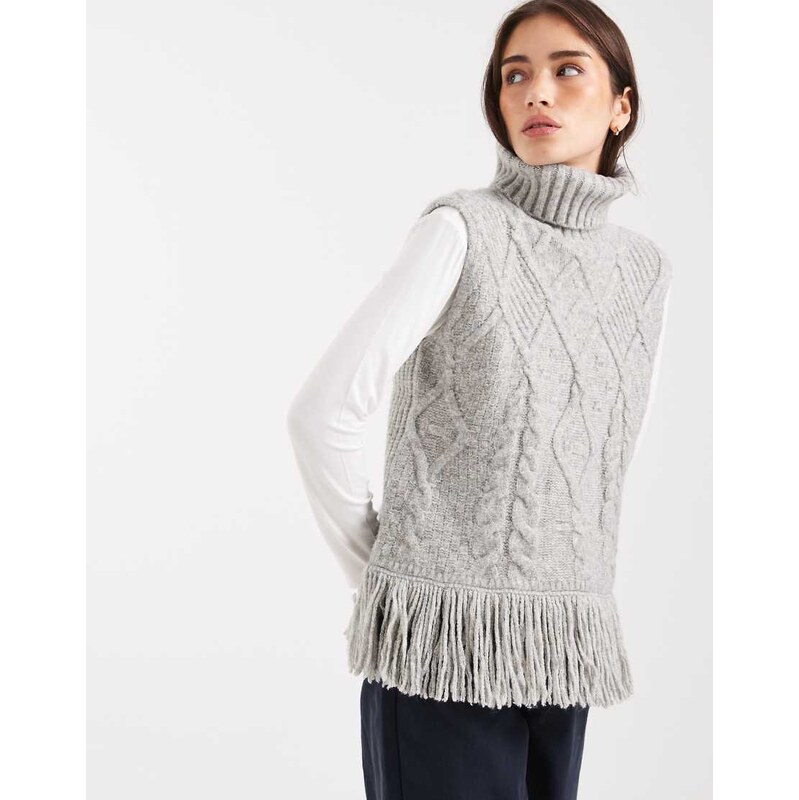 Miss Selfridge cable knit oversized fringe tank in grey marl 112997241