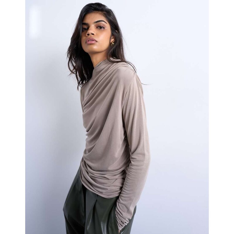 Topshop cupro ruched long sleeve top in pale khaki-Green 108348507