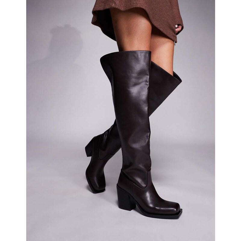 Public Desire Carter over the knee block heeled boots in dark