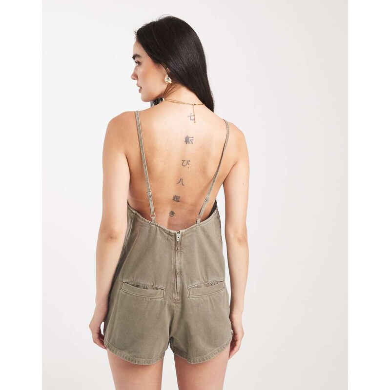 ASOS DESIGN denim square playsuit in khaki-Green 108348564