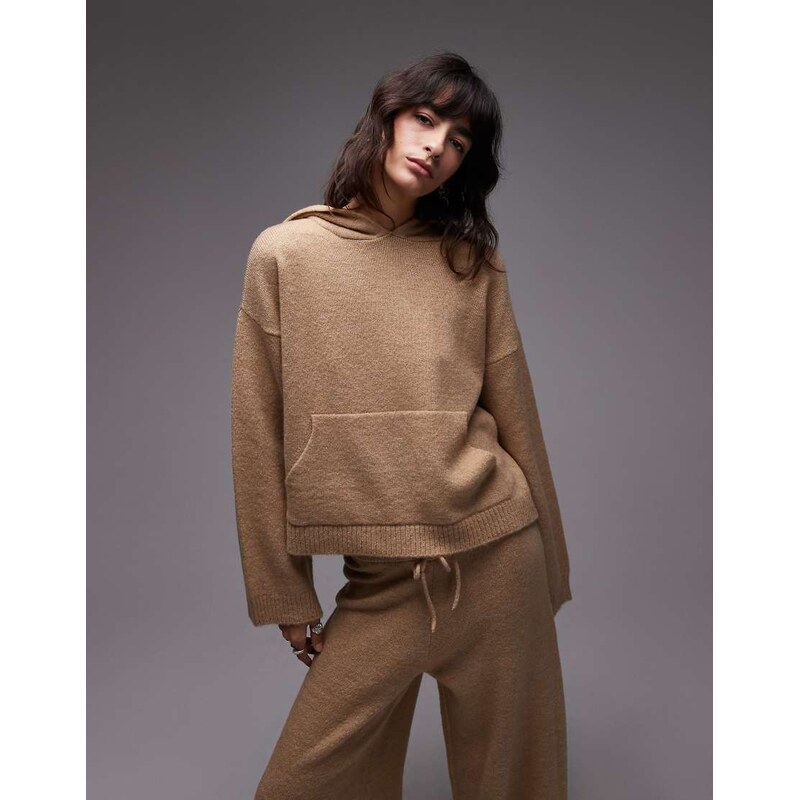 ASOS DESIGN fluffy knitted oversized hoodie co-ord in mocha-Red 108348736