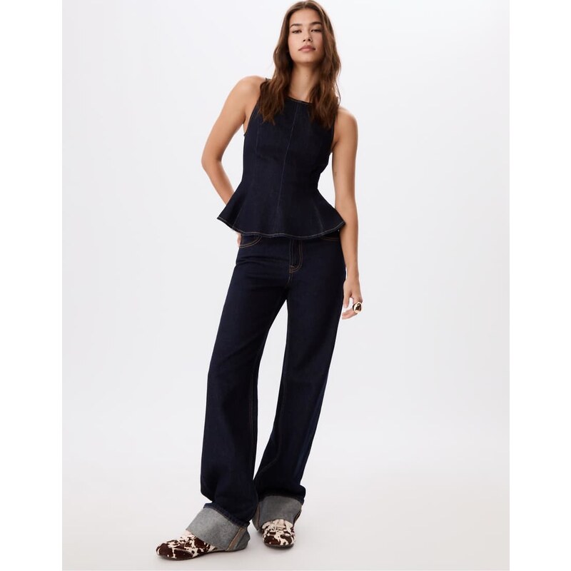 Stradivarius Sleeveless denim peplum top in overdyed blue denim 108348775