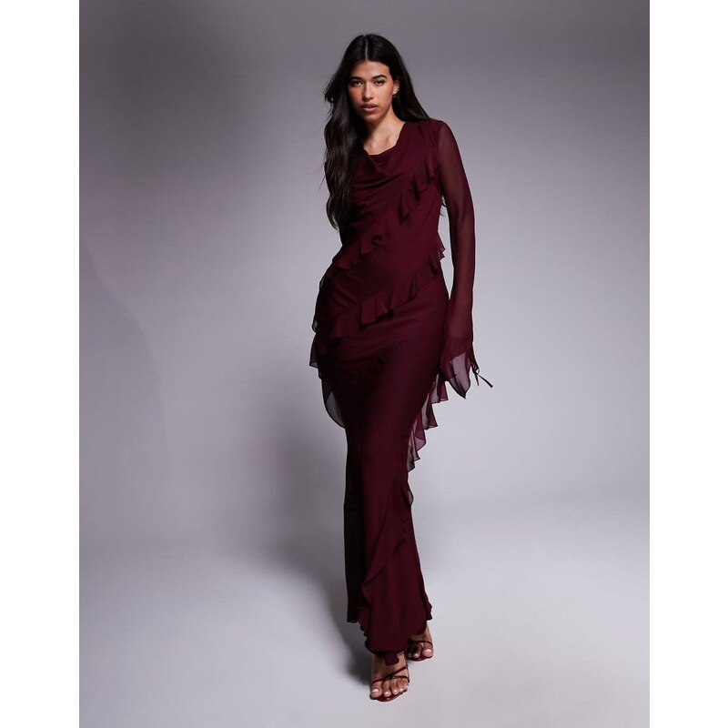 Daska chiffon ruffle maxi dress in burgundy-Red 108359884