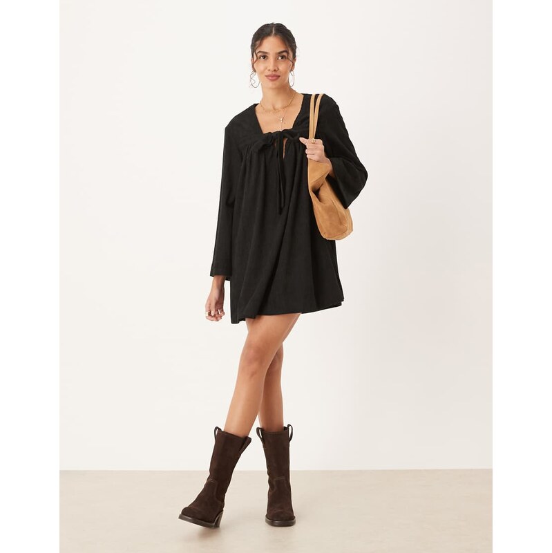 ASOS DESIGN cord tie front mini smock dress in black