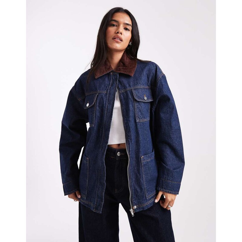 ASOS DESIGN denim barn jacket in rinse with contrast collar-Blue 108348873