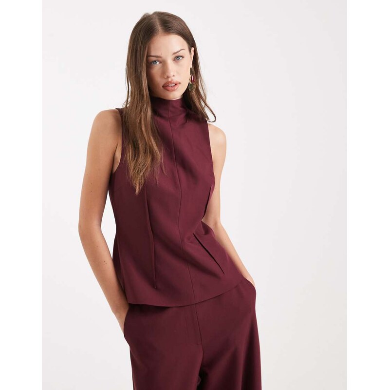 ASOS DESIGN tailored high neck top co-ord in dark cherry