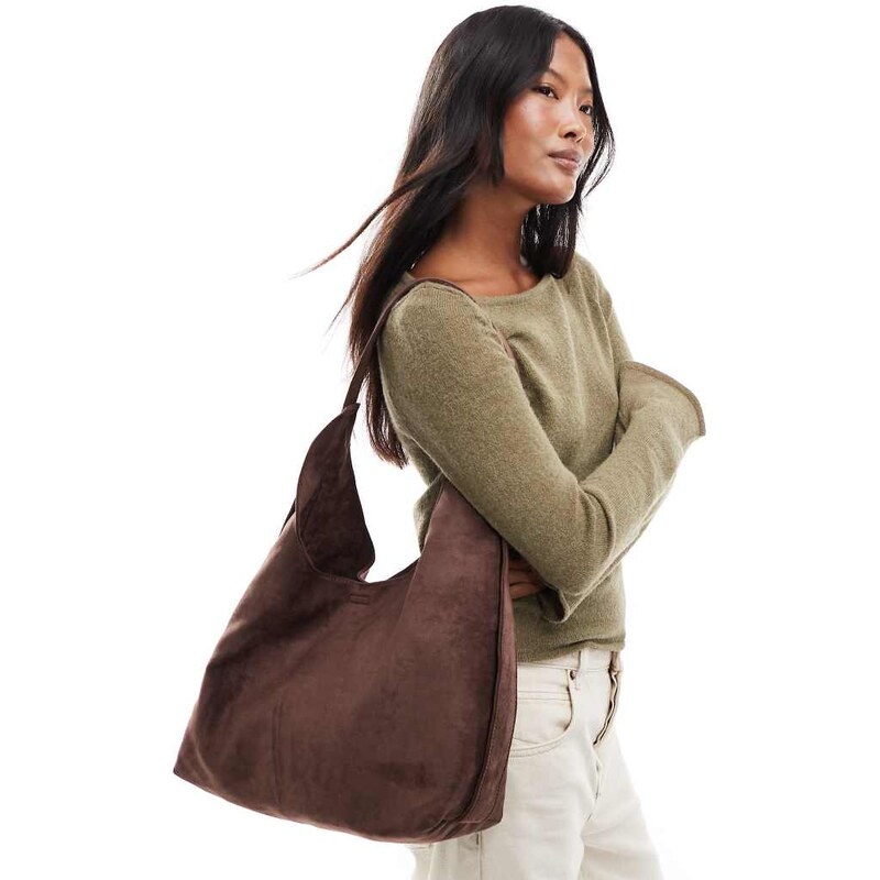 PASQ faux suede slouch tote bag with strap detail in brown