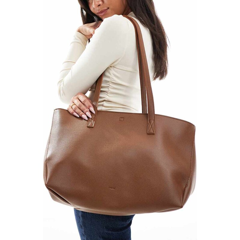 PASQ textured twin strap tote bag with side clip details in dark taupe 108354411