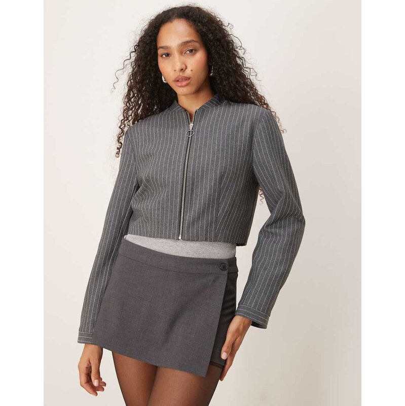 ASOS DESIGN tailored crop zip front blazer in grey pinstripe 108354429