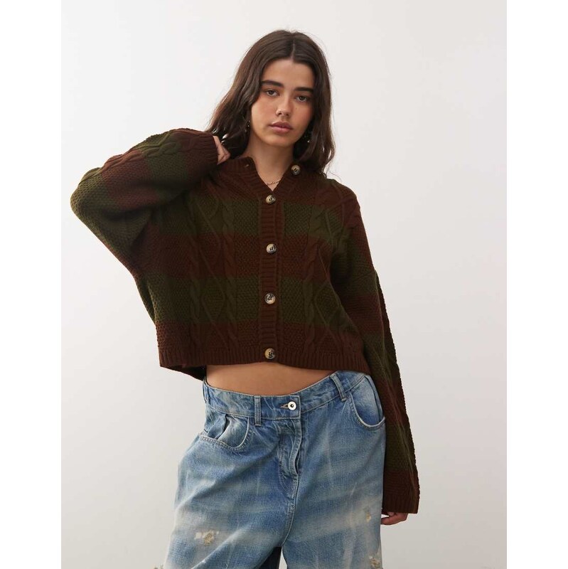 COLLUSION cable stripe knitted cardi in brown and khaki 108354488