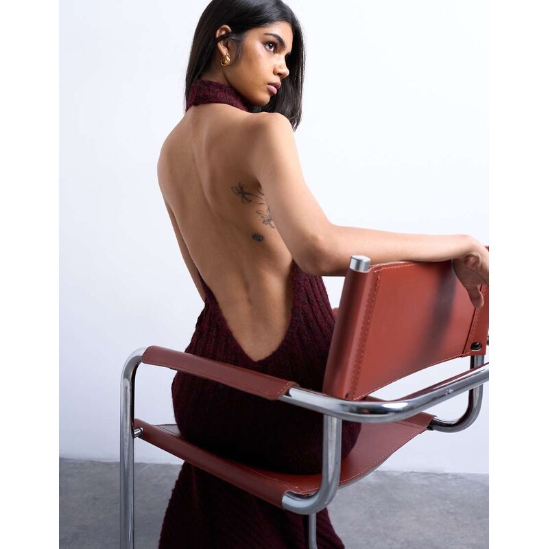 Topshop knitted backless halter neck dress in red