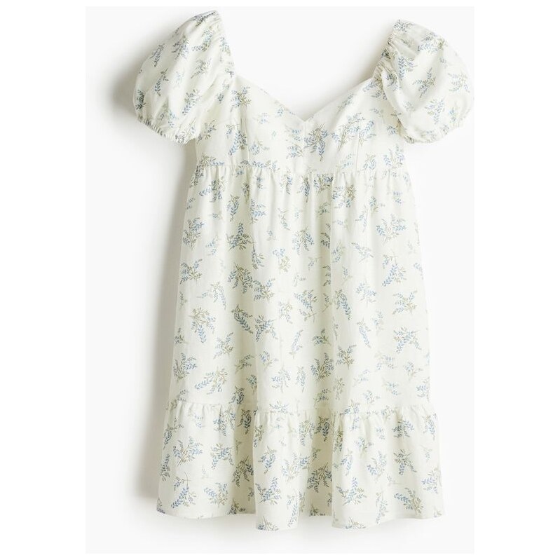 H&M - Šatys nabíranými rukávy - Krémová/Květy
