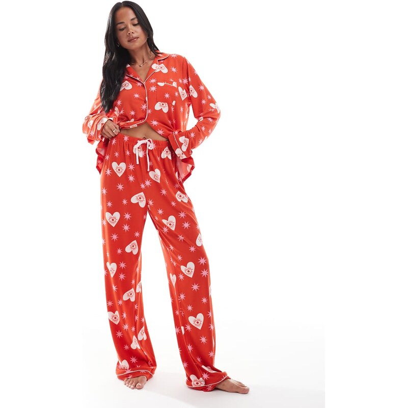 Loungeable super soft jersey revere top and wide leg pyjama set in red 113261492
