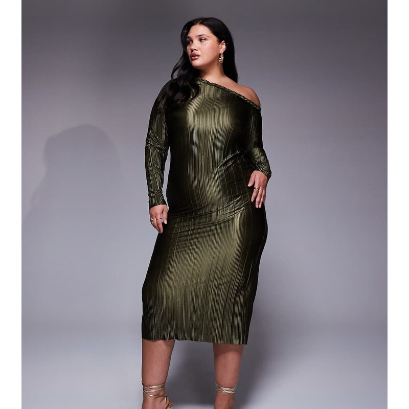 ASOS Curve ASOS DESIGN Curve plait neckline plisse maxi dress in khaki 108381209