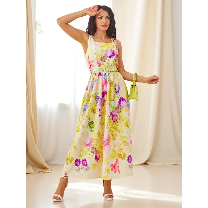 Resti Womens viscose midi dress with straps, featuring a belt in