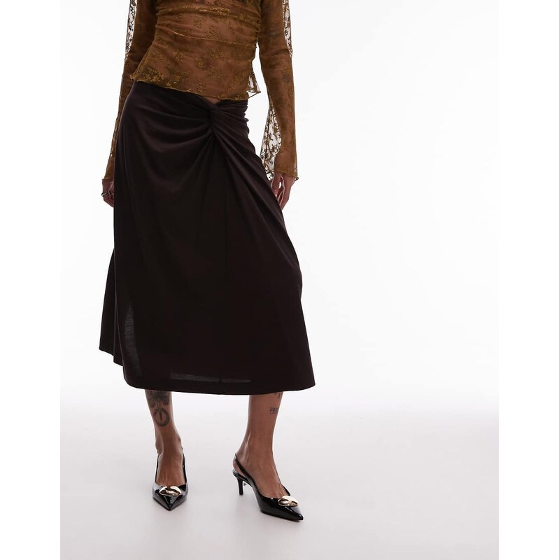 ARKET pull on stretch midi skirt with twist detail in chocolate brown 108114909