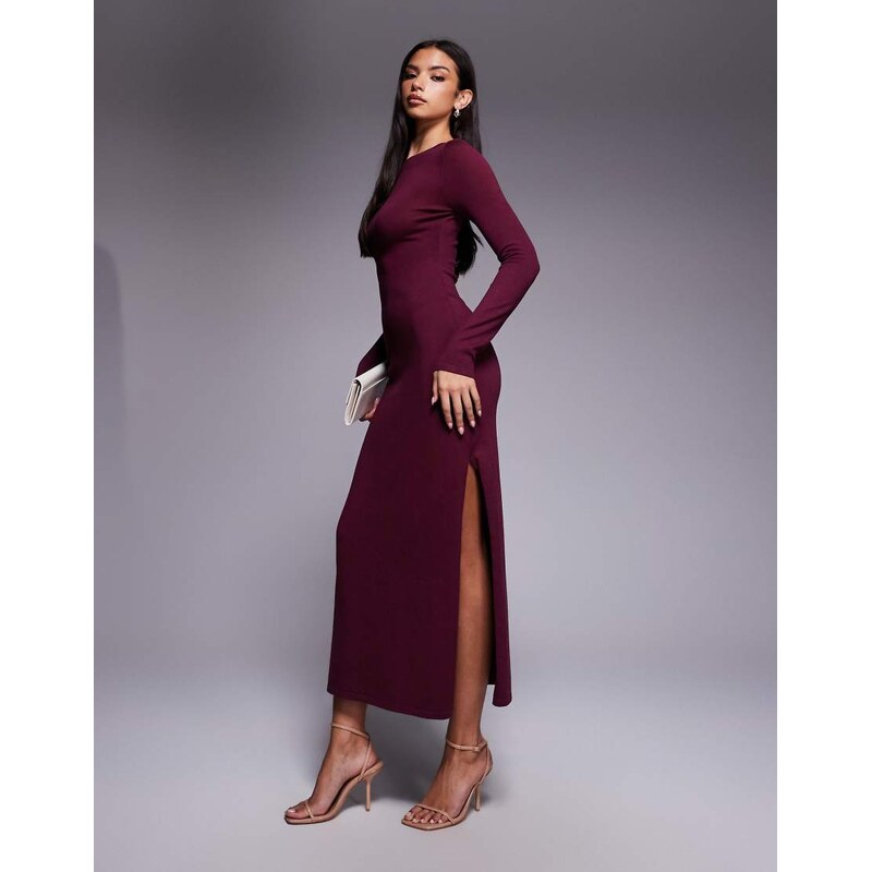 Kaiia exclusive knitted slash neck long sleeve maxi dress in burgundy 108543252